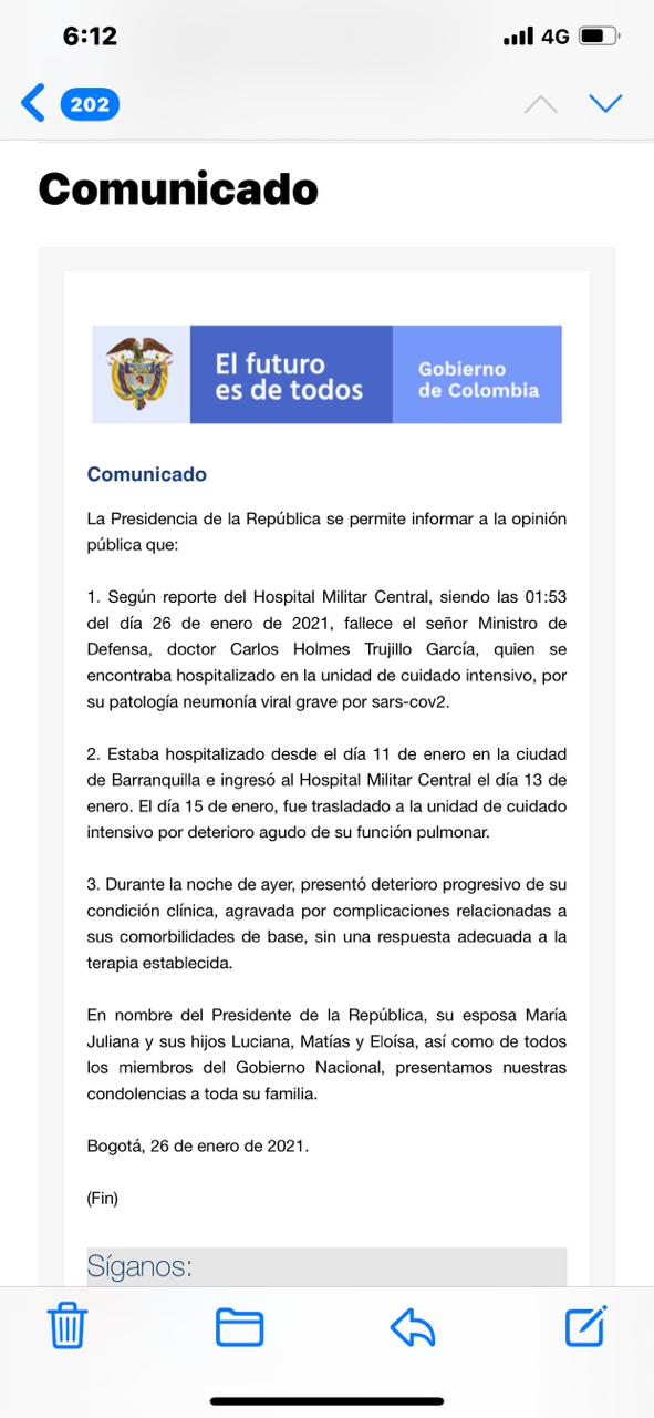#ENVIDEO: Declaración del Presidente Iván Duque Márquez tras el fallecimiento del Ministro de Defensa Nacional, Carlos Holmes Trujillo